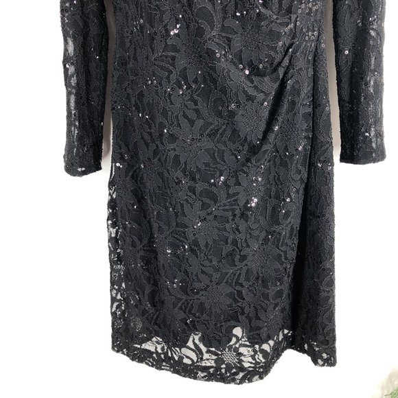 Lauren Ralph Lauren black lace sheath dress long sleeve sequins - Picture 3 of 7